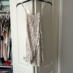 white ditsy pink floral wrap dress